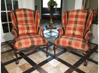 Incredible Carved Armchair With Plaid Upholstery Carvings / Ball & Claw Feet - 1 Of 2 - YOU ARE BIDDING ON ONE