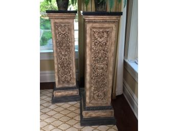 Fantastic Large / Tall Pedestal / Column  Plant Stand - Great Paint - Beautiful Carved Look - (1 Of 2)