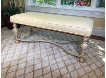 Beautiful Large Window / End Of Bed Bench - Nice Distressed Paint - Neutral Upholstery - Great Condition
