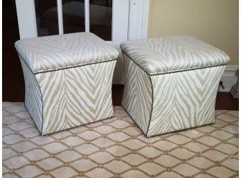 Lovely Pair Of Decorator Ottomans With Zebra Pattern Fabric - Lids Come Off For Storage