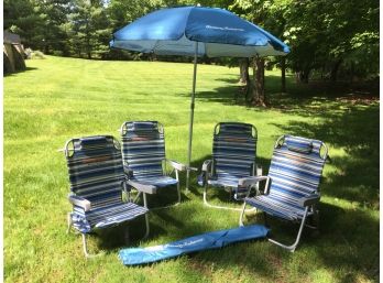 Fantastic Lot - Four Deluxe TOMMY BAHAMA Beach Chairs With Attached Coolers & Umbrella - ALL FOR ONE LOT !