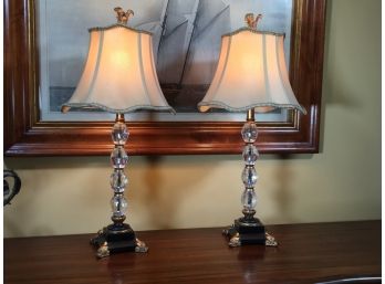 Quite Tall Pair Of Decorator Lamps - Black, Gold & Lucite With Shades & Fantastic Finials - Paid $395 Pair