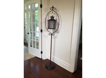 Beautiful Wrought Iron Candle Lantern With Panels On Stand - Vintage Style Patina - GREAT LOOK !