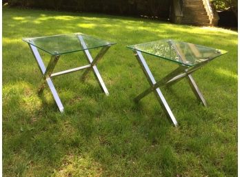 Fabulous Pair X Form Chrome Tables With Glass Tops - Great Retro Modern Look - HIGH QUALITY !