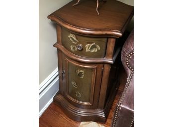 Cute Cabinet / Stand With Hand Painted Floral Decoration - Brass Hardware - One Curved Door & Drawer