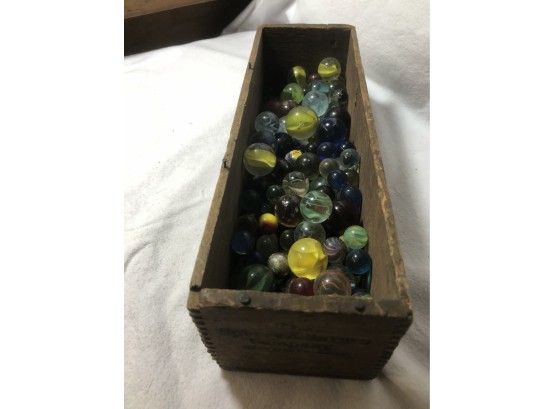 Wood Box Of Mostly Vintage Marbles