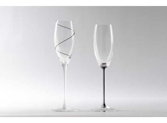 Pair Of Contemporary Champagne Flutes With Black Glass Accents