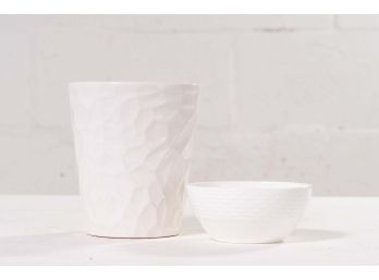 Pair Of White Textured Ceramic Vessels
