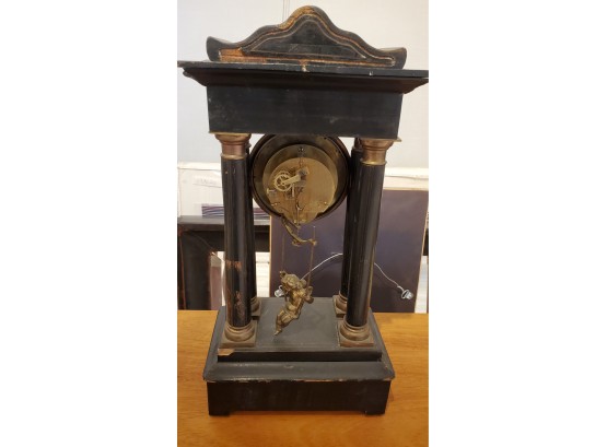 French Chappement Brevete W/ Farcot Escapement & Swing Cherub -Antique Wood & Brass Shelf Clock Needs Repairs