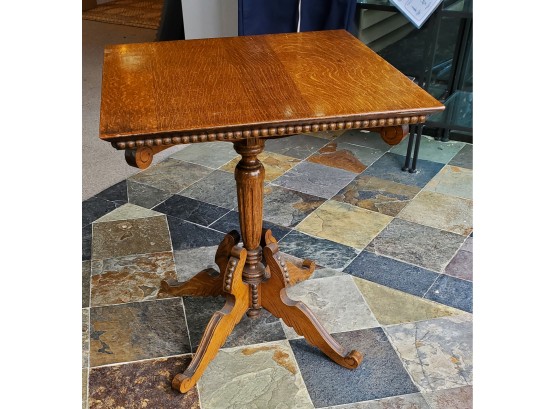 Antique Oak Side Table With Heavily Carved Legs & Pedestal. Ca 1900. Enhancing Beading Surrounds The Table Top