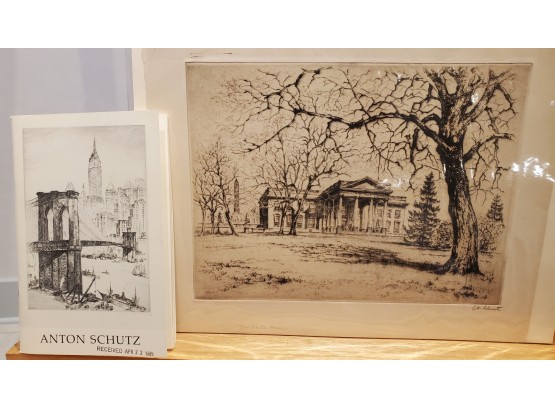 Original Etching Of The White House Signed By Anton Schutz & A NY City Exhibition Booklet Of One Of His Shows