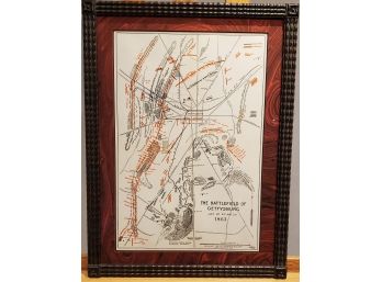 1912 Lovely Wood & Mat Framed Map Of The Battlefield Of Gettysburg In 1863. In Red & Black.