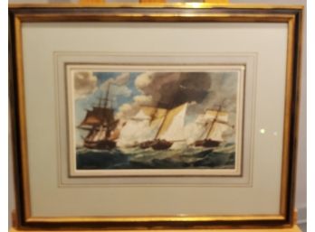 J. O. Davidson Chromolithograph Signed In Red By The Artist. American And British War Ships At Battle.