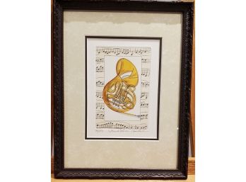 French Horn Hand- Colored Etching & Signed By Linda Cullers -The Art Of Linda Cullers Photo & Article Attached