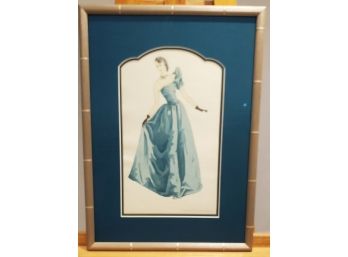Framed Gown In Teal By Trinette Haase 1940s Ink & Watercolor  (1st Of 3 Gown Etchings)