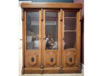 Antique, Ca 1900, 3 - Door- 3 Section Cabinet/ Bookshelf With Beveled Glass Doors & Adj Wood & Glass Shelves