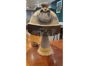 Antique Stoneware Shade Electric Lamp With Frills