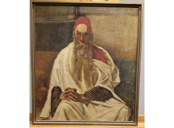 Vintage Oil Painting Of A Seated Rabbi
