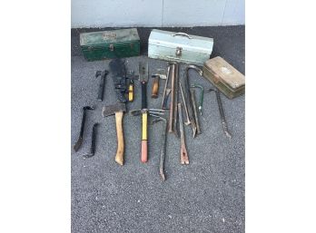 Vintage Tool Boxes Filled With Tools, Crow Bars, Machete, Axes