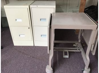 Pair Of Metal Locking File Cabinets And Rolling Table