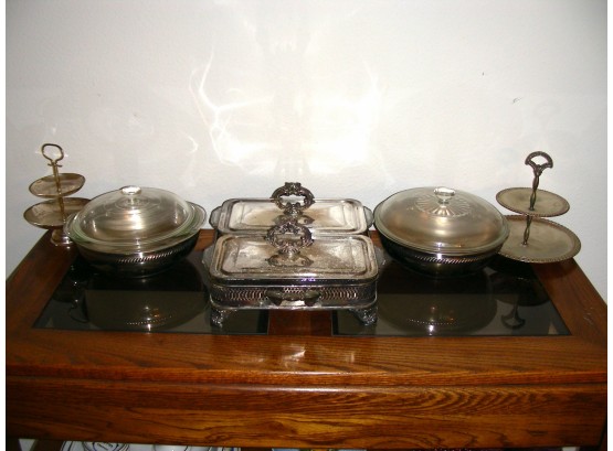 Silverplate Serving Pieces, Some With Pyrex Inserts, And Tidbit Trays