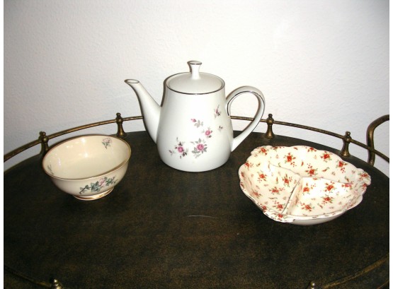 Lot Of 3 Items: Lenox Bowl, Noritake Garnet Rose Teapot, Nippon MIJ Sectional Dish