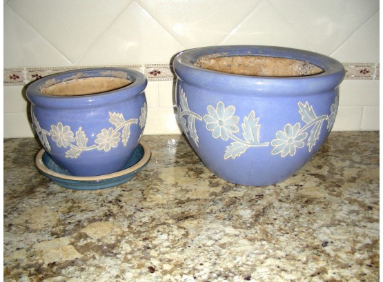 Two Blue Floral Planters, The Smaller With Underplate