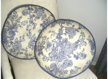 Pair Of Blue And White Round Pillows, Floral On One Side, Stripes On The Reverse