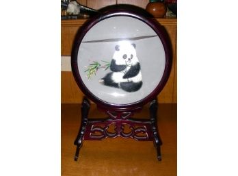 Double-Sided Embroidered Panda In Oriental Frame And Stand