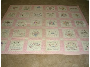 1932 Signed And Dated Pink And White Quilt With Baskets And Flowers