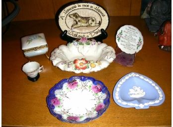 Ceramic Lot: Wedgwood Ashtray, Hinged Box On Legs, Small Tray With Dog, And More