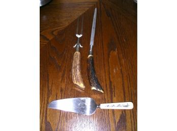 Horn-handled Roast Knife And Fork Set And Scrimshaw-Handled Pie Server