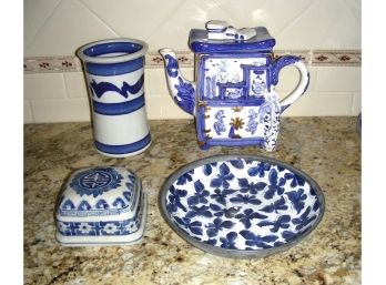 Blue And White Ceramic Lot: Teapot, Lid, Bowl, Vase