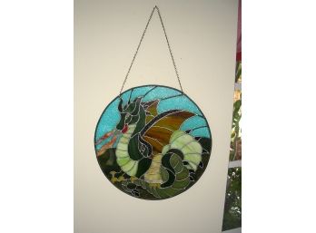 Round Stained Glass Pane Titled 'The Dragon' In The Camelot Series, Signed By Artist And Dated 1981
