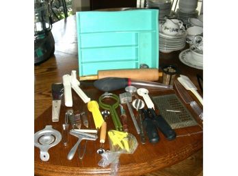 Lot Of Kitchen Utensils And Plastic Drawer Organizer