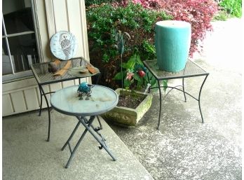 Patio Lot: Pair Of Mesh Top Tables, Folding Table, Ceramic Garden Stool, Wind Chimes, Cement Planter, And More