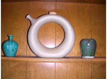 Circular Pottery Pitcher And Two Pottery Vases