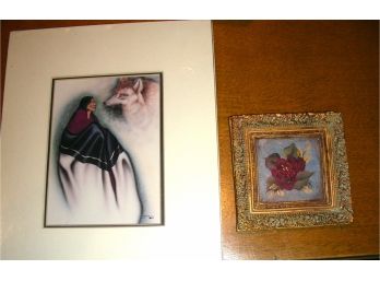 Unframed, Matted Water Color By Robert Redbird - The Fox Song, And Framed Floral Oil On Board
