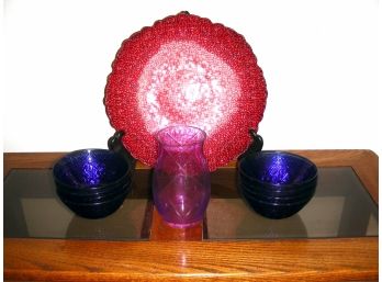 Colored Glass Lot: Blue Bowls, Purple Vase, Red Plate