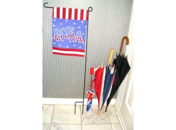 Three Umbrellas (one Rangers Baseball) And A USA Yard Flag