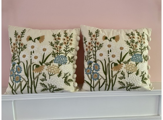 Pair Of Attractive Floral Needlework Pillows With Large Button Trim