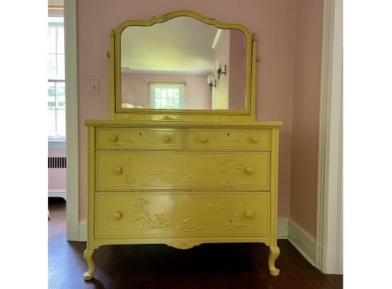 1970s Sligh Furniture Chinoiserie Yellow Lacquer Painted Dresser With Mirror