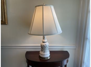 Mid Century Grey & Yellow Daisies Hand Painted Porcelain Table Lamp With Silk Shade