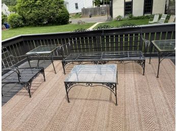 Black Painted Metal Vintage Patio Settee, Coffee Table, Two Side Tables & Arm Chair
