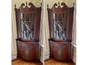 Pair Of Vintage Mahogany Curved Glass Door Corner Cabinets
