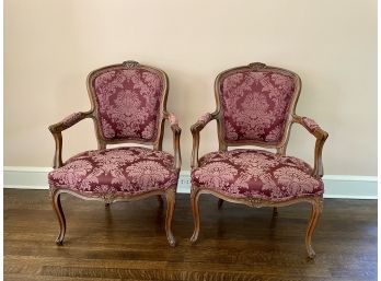 Pair Of Vintage Maroon Damask Upholstered French Style Fauteuils