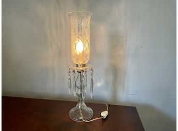 Early - Mid 20th Century Etched Hurricane Tall Lamp With Hanging Crystal Bobeche