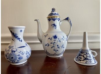 Colonial Williamsburg Delft Porcelain Vase, Bing & Grondahl Porcelain Tea Pot & Porcelain Funnel