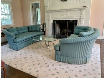 Pair Of Teal Striped Upholstered Settees