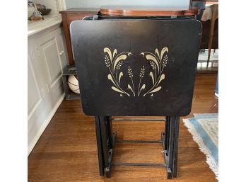 Set Of Four 1970s Woodcraft Hostette Stencil Topped Black Lacquered Folding TV Tray Tables With Storage Stand
